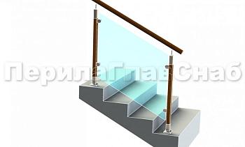 Ограждение с круглым деревянным поручнем с зажимными стеклодержателями и стойками с деревянными вставками в Перми. Готовые проекты ПерилаГлавСнаб