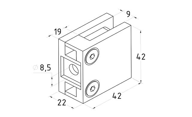 Стеклодержатель литой, под стекло 8 мм. 4+4 мм. на плоскость 42х22,5х42  полированный (AISI 304) k003 3