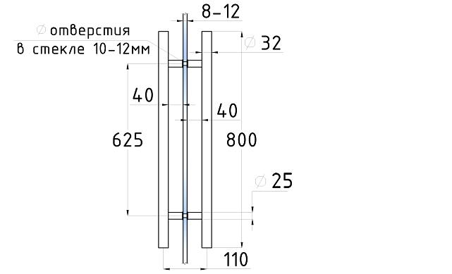 Ручка для стеклянной двери рейлинг двухсторонняя для стекла 8-12 мм, 32х625х800 мм, шлифованная t633-800 SSS 3