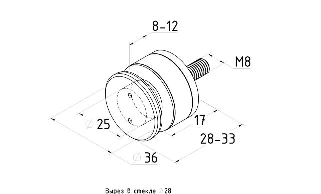 Точечный стеклодержатель  Ø36x28, для стеклянных стен, регулируемый, под стекло 8-12 мм, шлифованный AISI304 k084-3 2