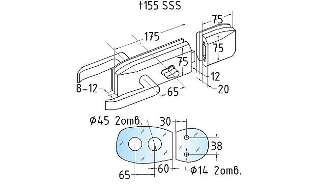 Замок для стеклянной двери с нажимной ручкой без притвора, евроцилиндр односторонний ключ/защелка, в комплекте ответная часть на стекло t155 SSS  3