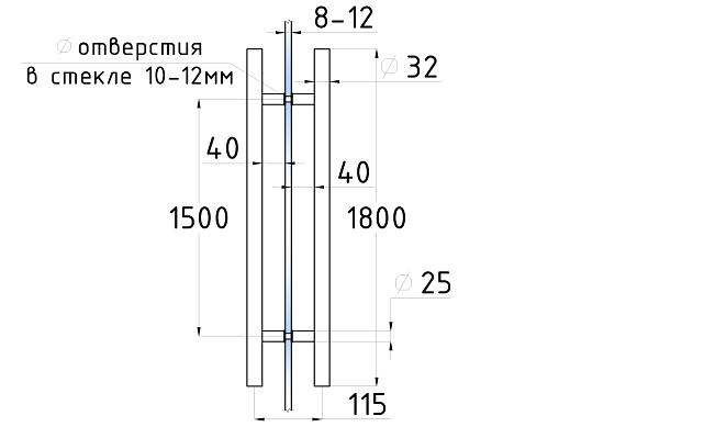 Ручка для стеклянной двери рейлинг двухсторонняя для стекла 8-12 мм, 32х1500х1800 мм, шлифованная t633-1800 SSS 3