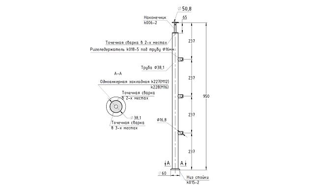 Стойка круглая Ø38.1: 3 ригеледержателя, полированная, с одноанкерным крепежом, высота 950 мм (AISI 304) k733 2